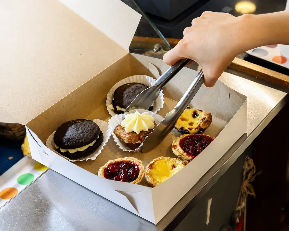 A selection of small tarts and treats being packed into a takeaway box at Bubby Rose’s