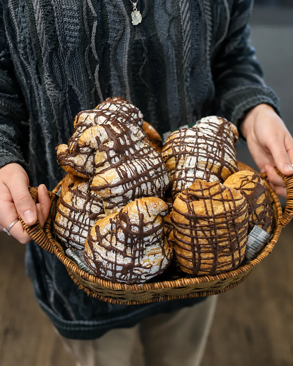 A basket of chocolate-drizzled pastries